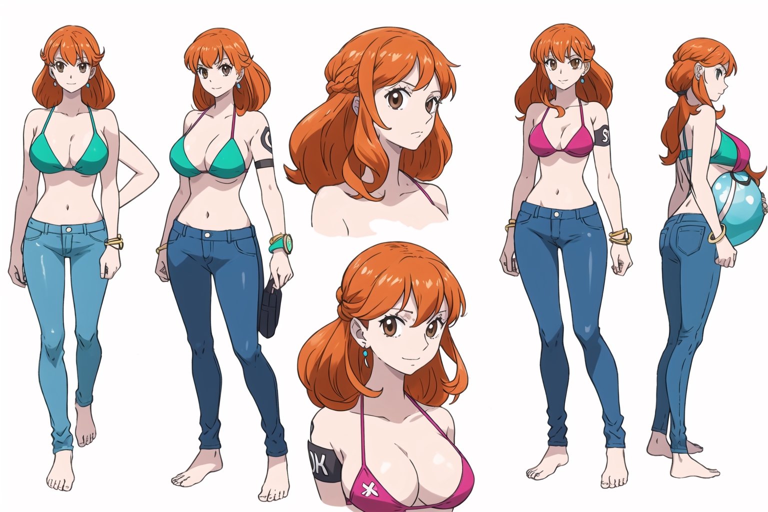 multiple views, Model sheet, masterpiece, best quality, looking at viewer, sugimori ken \(style\), {big milkers} (full body), 1girl,  {{{ nami, 1 girl, alone, long hair, breasts, big breasts, navel, holding, cleavage, brown eyes, jewelry, closed mouth, swimsuit, bikini, earrings, outdoors, abdomen, pants, stomach, orange hair, bracelet , tattoo, denim, bikini_top_only, fish, pants, underwater, railing, blue pants, armband, arm tattoo, boat, bikini_green, shoulder tattoo, post  }}}, semi-nude, mom and daughter, 1girl, {White background} <<big milkers>> SMAce, masterpiece, best quality, , masterpiece, {{illustration}}, {best quality}, {{hi res}},