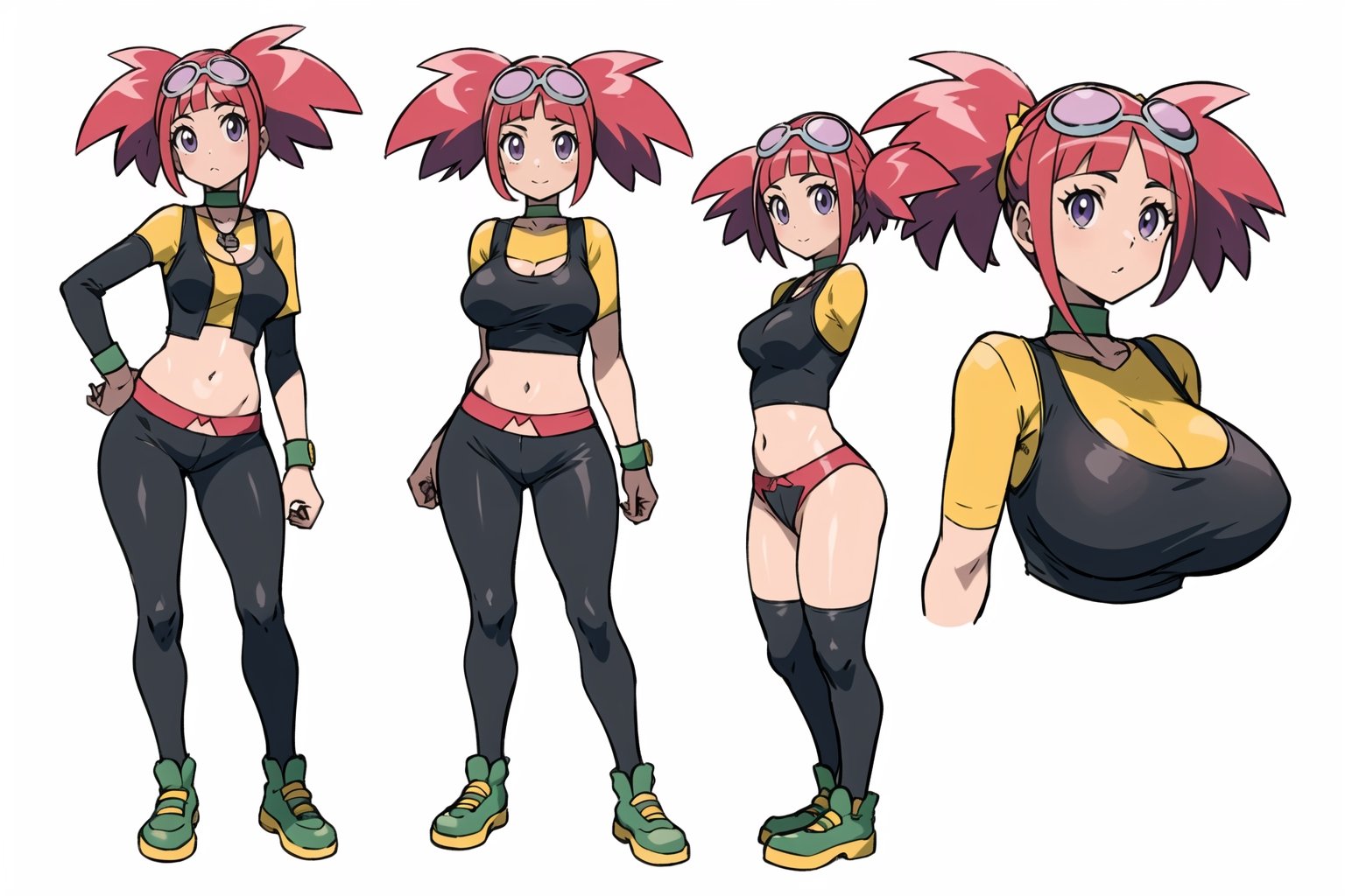 multiple views, Model sheet, masterpiece, best quality, looking at viewer, sugimori ken \(style\), {big milkers} (full body), 1girl, {{{Zoe Drake, 1girl, blush, bangs, navel, twintails, jewelry, purple eyes, pink hair, goggles, goggles on head, choker, abdomen, open clothing, thigh highs, crop top, open vest, shoes, wristband, black thighs, black crop top, yellow vest, panty stocking, vest over short top, thong}}}, semi-nude, mom and daughter, 1girl, {White background} <<big milkers>> SMAce, masterpiece, best quality, masterpiece, perfect hands, tight pants, thick thighs {{illustration}}, {best quality}, {{hi res}},mallow \(pokemon\)