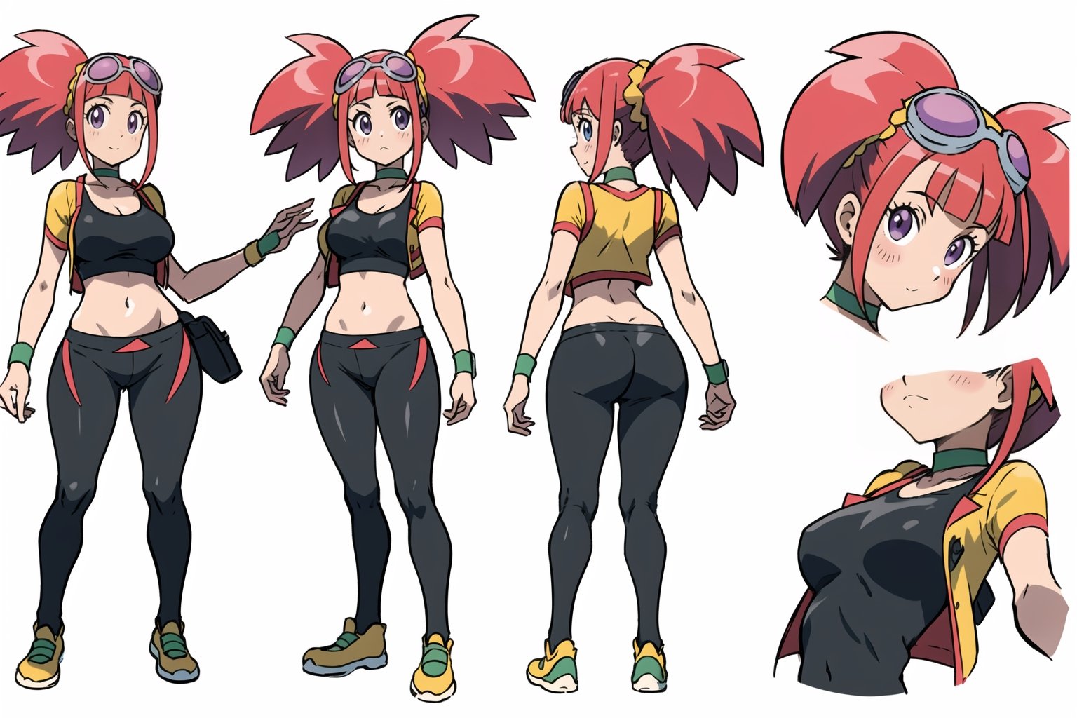 multiple views, Model sheet, masterpiece, best quality, looking at viewer, sugimori ken \(style\), {big milkers} (full body), 1girl, {{{Zoe Drake, 1girl, blush, bangs, navel, twintails, jewelry, purple eyes, pink hair, goggles, goggles on head, choker, abdomen, open clothing, thigh highs, crop top, open vest, shoes, wristband, black thighs, black crop top, yellow vest, panty stocking, vest over short top, thong, cute dinosaur plush}}}, semi-nude, mom and daughter, 1girl, {White background} <<big milkers>> SMAce, masterpiece, best quality, masterpiece, perfect hands, tight pants, thick thighs {{illustration}}, {best quality}, {{hi res}},mallow \(pokemon\)