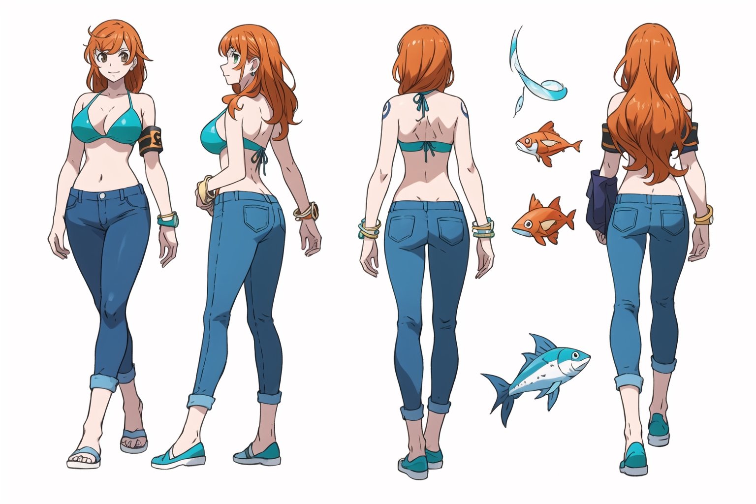 multiple views, Model sheet, masterpiece, best quality, looking at viewer, sugimori ken \(style\), {big milkers} (full body), 1girl,  {{{ nami, 1 girl, alone, long hair, breasts, big breasts, navel, holding, cleavage, brown eyes, jewelry, closed mouth, swimsuit, bikini, earrings, outdoors, abdomen, pants, stomach, orange hair, bracelet , tattoo, denim, bikini_top_only, fish, pants, underwater, railing, blue pants, armband, arm tattoo, boat, bikini_green, shoulder tattoo, post  }}}, semi-nude, mom and daughter, 1girl, {White background} <<big milkers>> SMAce, masterpiece, best quality, , masterpiece, {{illustration}}, {best quality}, {{hi res}},