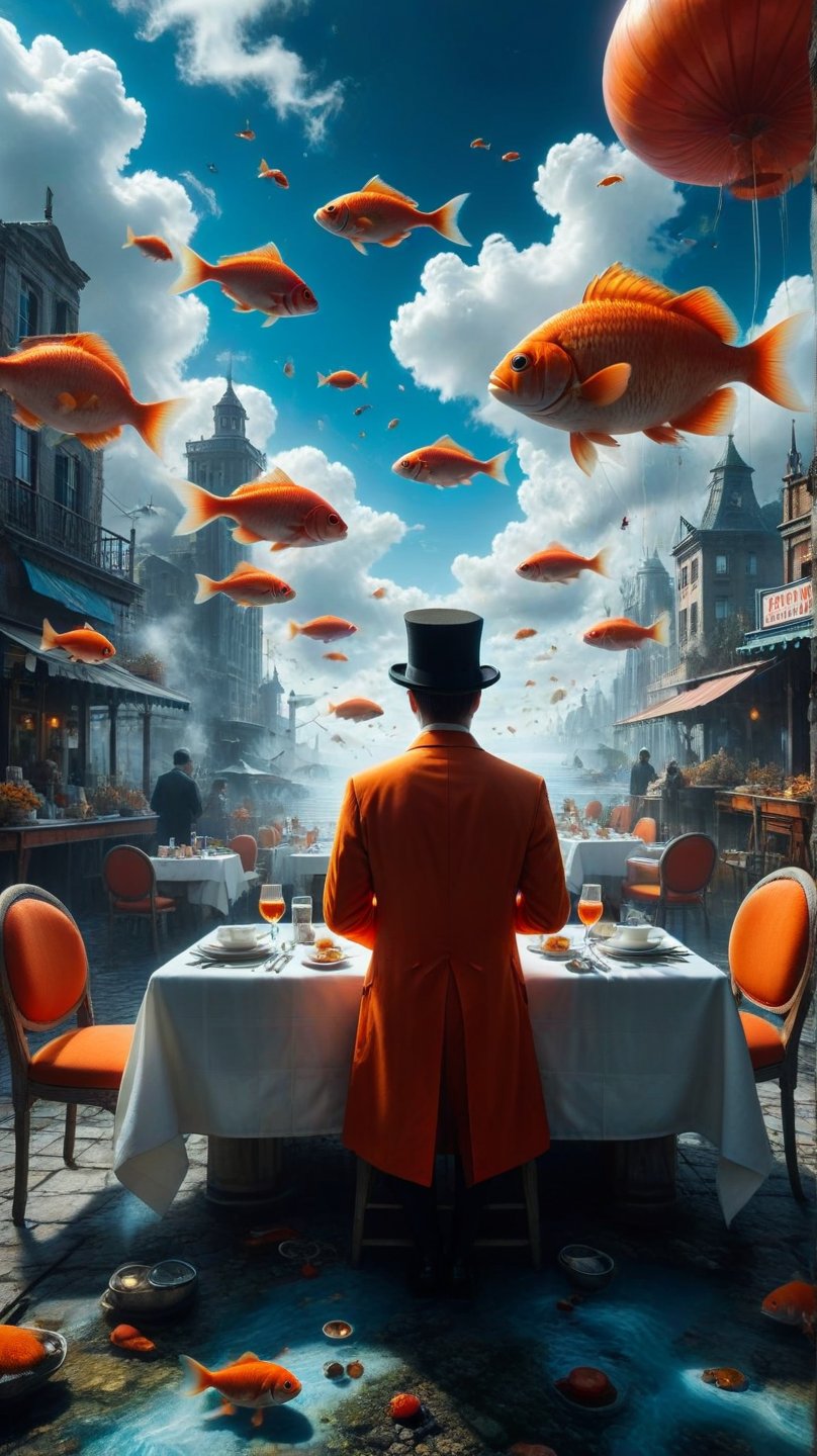 Create an artwork featuring an outdoor dining scene where gravity does not seem to apply; include elements such as floating fish around the diner who wears vibrant orange-red attire with classic formal wear elements like a top hat from which smoke rises whimsically. The setting includes surreal touches such as self-pouring teapots amidst calm waters under blue skies dotted with soft clouds and distant spires suggesting serene isolation.