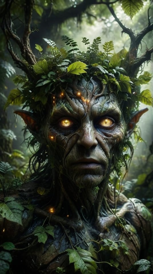 macro shot of a glowing forest spirit, leafy appendages outlined with veins of light, eyes a deep, enigmatic glow amidst the foliage. glow photography. Natural geographic photo. Hyper-realistic, 16k resolution, intricate details. (masterpiece, award winning artwork) many details, extreme detailed, full of details, Wide range of colors, high Dynamic sss, translucent, subsurface, scattering