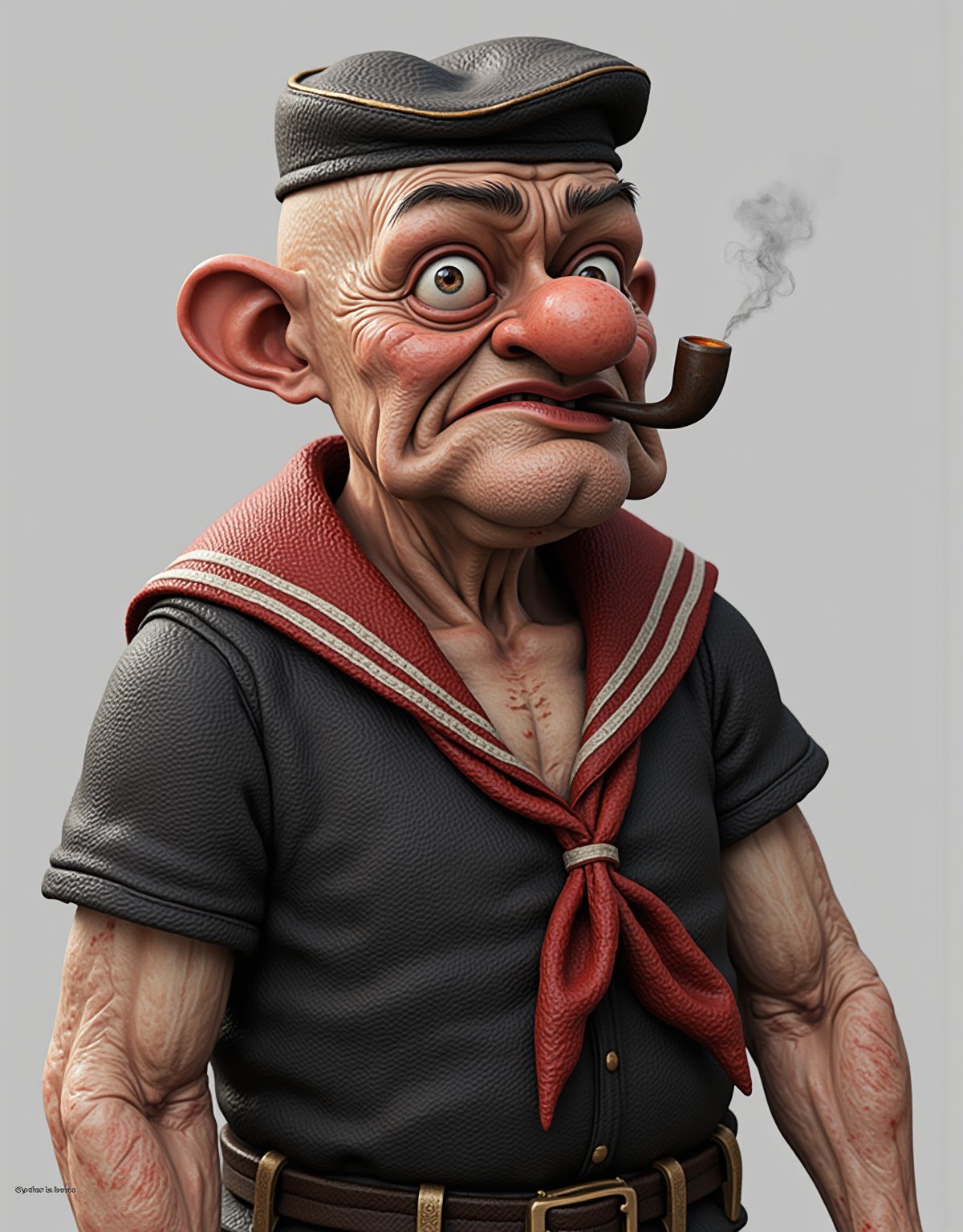 Portrait shot of a realistic POPEYE THE SAILOR. He is very old with wrinkles and age marks. He has bulging forearms, a squinty eye, screwed-up face and a pipe in his mouth. ((masterpiece: 1.2), (best quality, ultra detailed, photo realistic: 1.37) high quality, high definition, super detailed, unreal engine, award-winning photograph, ultra realistic photography, 3d, 8k, cinematic lighting, volumetric lights, hard edge lighting, hyper-realistic photography, HDR, volume. 