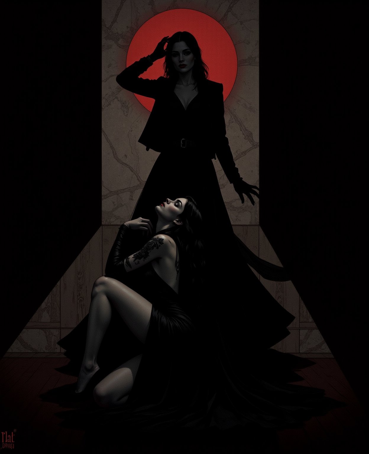 Depict a femme fatale immersed in a Neo-Noir Shadowplay scene, utilizing dramatic contrasts of light and shadow . The composition should evoke mystery and tension, rendered predominantly in deep blacks and grays with subtle accents of scarlet and pewter, ilustrated, illustration