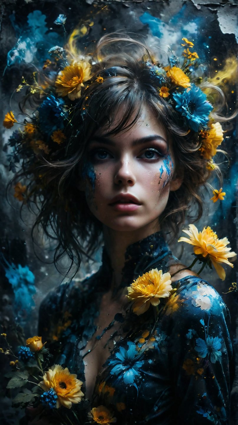 ethereal photography,A striking scale representation of yellows and blues of a woman's silhouette, holding a vibrant bouquet of flowers that contrasts with its monochromatic appearance. Her hair is an explosion of colorful, swirling lines and splashes, resembling an abstract painting. The dark fantasy-inspired background shows a combination of fashion, illustration and graffiti elements. The vivid colors of her hair and flowers create a captivating visual effect that draws the viewer into this mysterious and enchanting scene., vibrant, fashion, painting, illustration, graffiti, dark fantasy