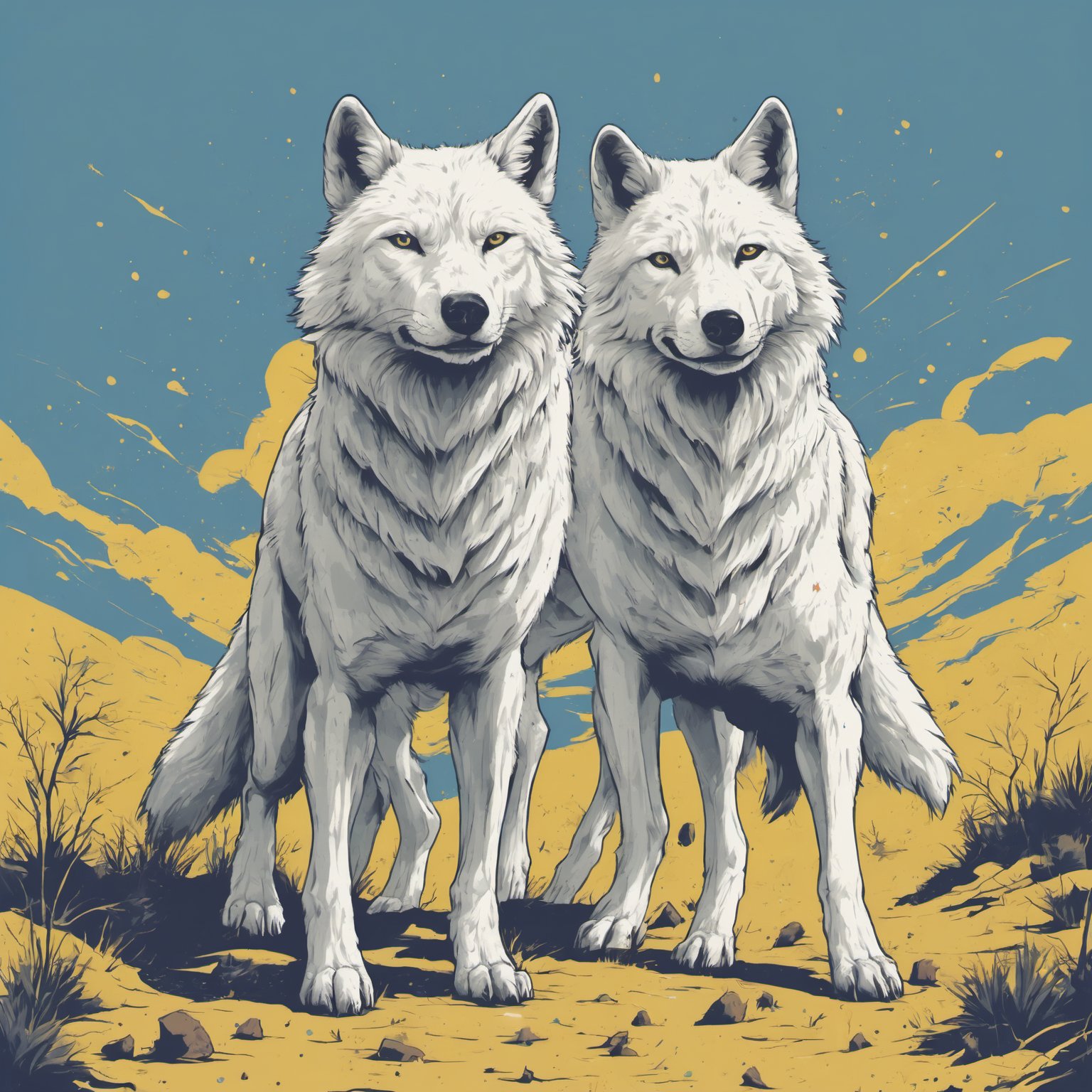 Create a t-shirt design that combines LEADERASHIP with a touch of whimsy. Illustration of of an white wolf standing in a dirt road. blue background with yellow grains.  sharper, clean lines, outline, muted colors, minimum details, minimal detalled, tshirt design