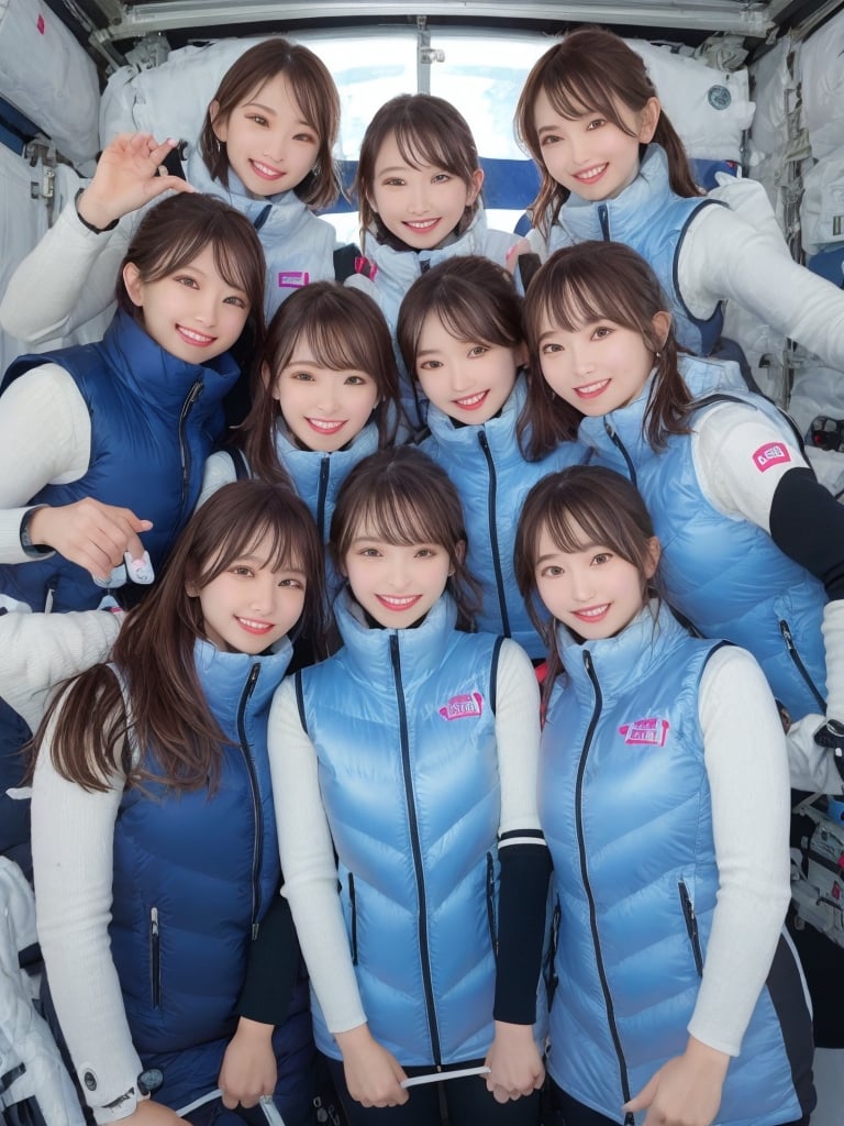 masterpiece, highest quality, High resolution,breasts, 30yo,multiple girls, (waterblue vest):100(navy vest):50,6+ girls, in spacestation , friends, super happy smiling, open mouth, opened eyes, group shot, zoom camera,Astrovest,tnf_jacket,bing_astronaut,astrovest