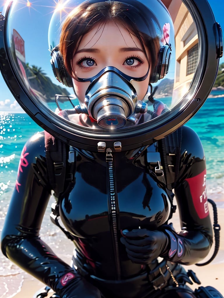 Extreme detail,masterpiece,anime illustration ,love_live style,1girl, (headphone):1.3,(pink hair):2, BREAK (hand between legs):7,BREAK  beach, clear sky, blue sea, black_hair, short hair, bangs, large_eyes, blue_eyes,  (space helmet):4,(clear_helmet):3, neck seal,shiny black wetsuit, black_bodysuit, red_accents, gloves, thigh_straps, looking_at_viewer, bodysuit, sea_background, sunny, BREAK short hair,bing_wetsuit,best quality,incredibly absurdres,BREAK (nose blush):15,(blush):10,BREAK (gas mask):4,ahegao,rolling eyes