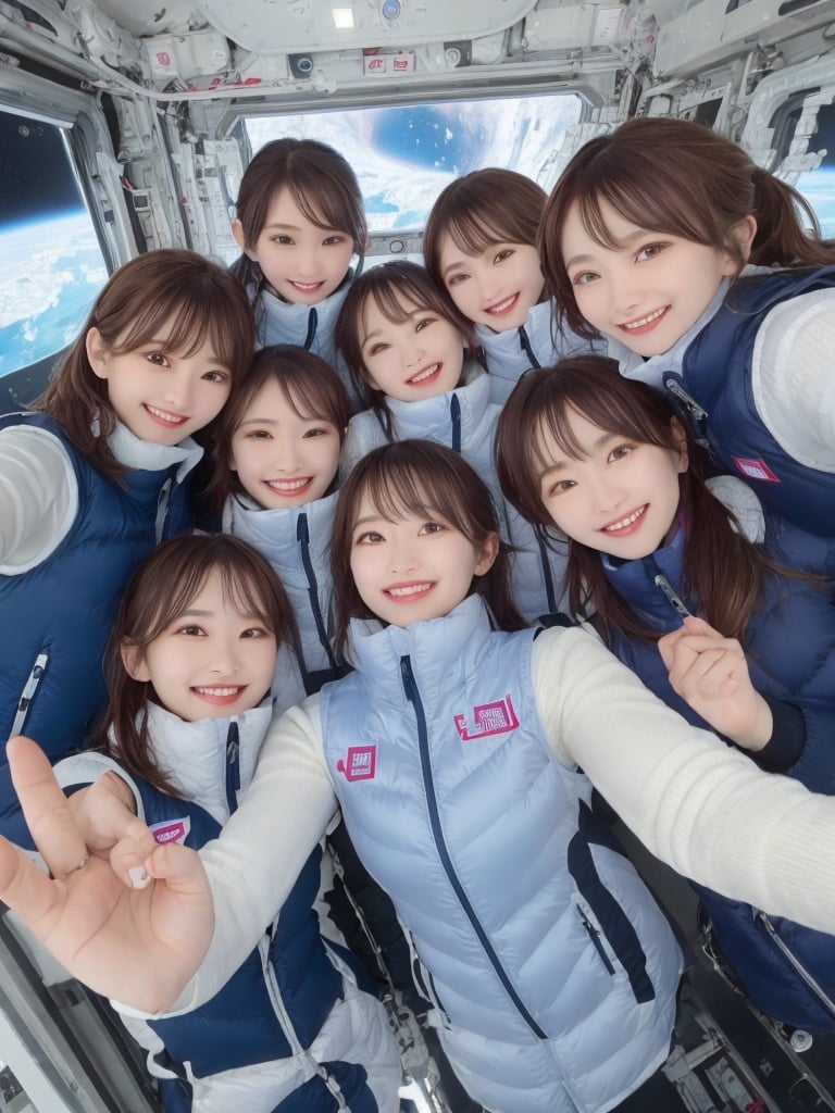 masterpiece, highest quality, High resolution,breasts, 30yo,multiple girls, (waterblue vest):100(navy vest):50,6+ girls, in spacestation , friends, super happy smiling, open mouth, opened eyes, group shot, zoom camera,Astrovest,tnf_jacket,bing_astronaut,astrovest