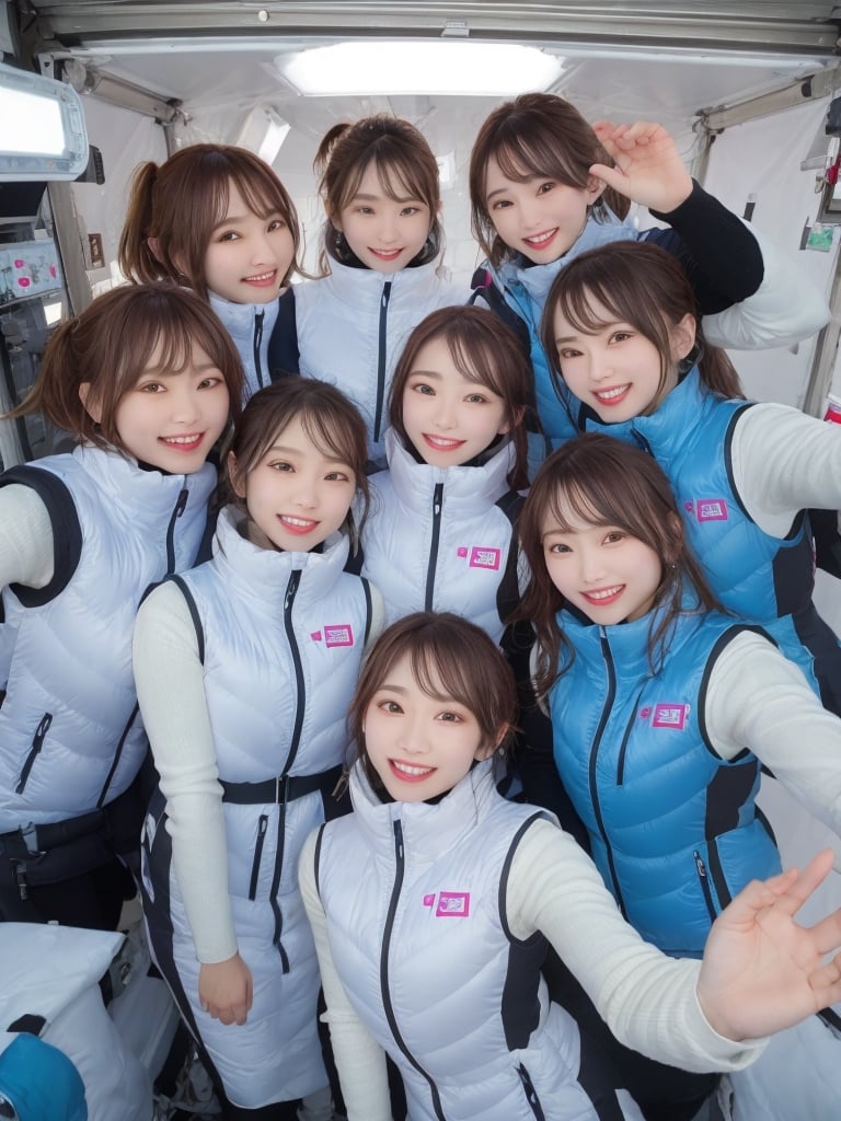 masterpiece, highest quality, High resolution,breasts, multiple girls, (waterblue vest):100(pink vest):50,6+ girls, in spacestation , friends, super happy smiling, open mouth, opened eyes, group shot, zoom camera,Astrovest,tnf_jacket,bing_astronaut,astrovest