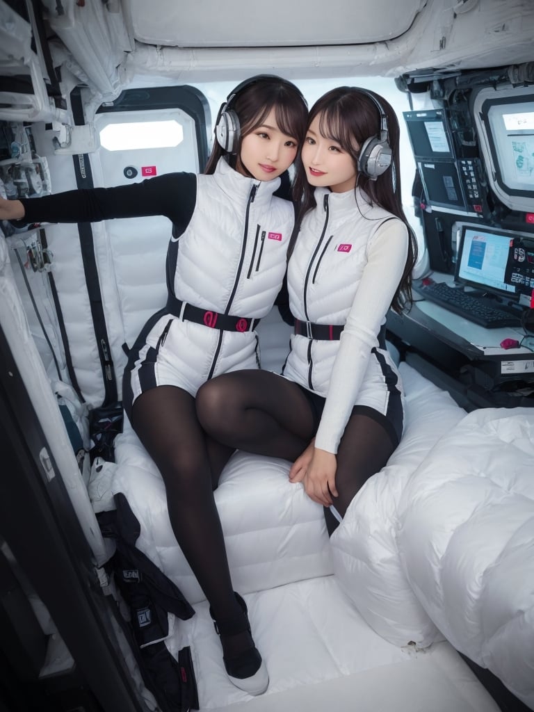 (masterpiece):1.2, best quality, (highly detailed:1.3), (2girls):2, 14yo,smile, (latex white bobysuit,headphone), (futuristic room):1.5,inside spacestation ,cyberpunk room,lying on bed,(inside cyberpunk hotel room):1.3,
, kissing, morning light, volumetric lighting,bing_astronaut,V-shaped eyebrows,Astrovest,,BREAK,black belt,black stocking,black tights,black long sleeve BREAK inside white spaceship background,astrovest,tnf_jacket