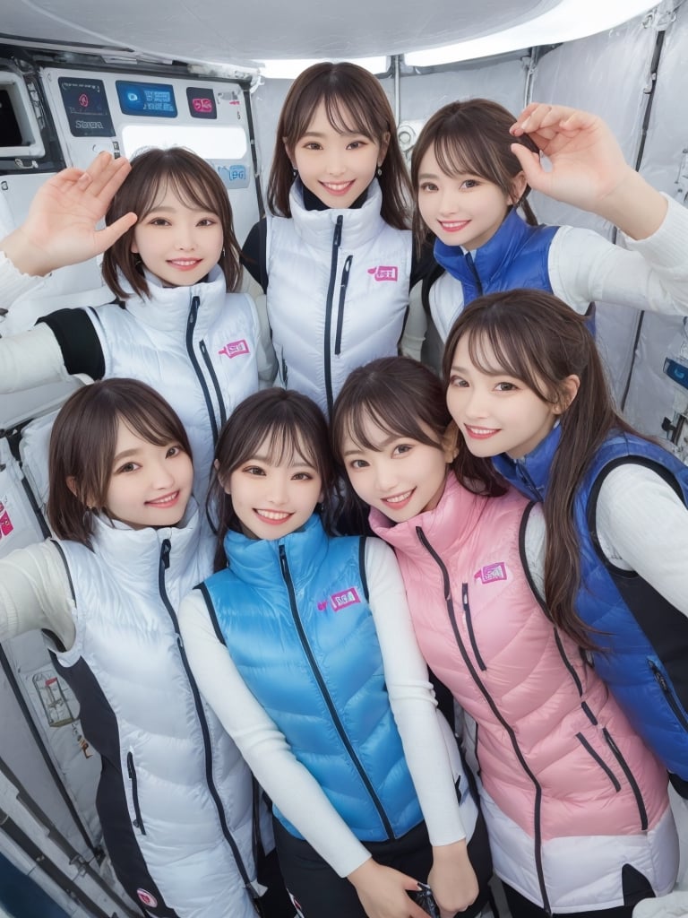 masterpiece, highest quality, High resolution,breasts, 30yo,multiple girls, (waterblue vest):100(pink vest):50,6+ girls, in spacestation , friends, super happy smiling, open mouth, opened eyes, group shot, zoom camera,Astrovest,tnf_jacket,bing_astronaut,astrovest