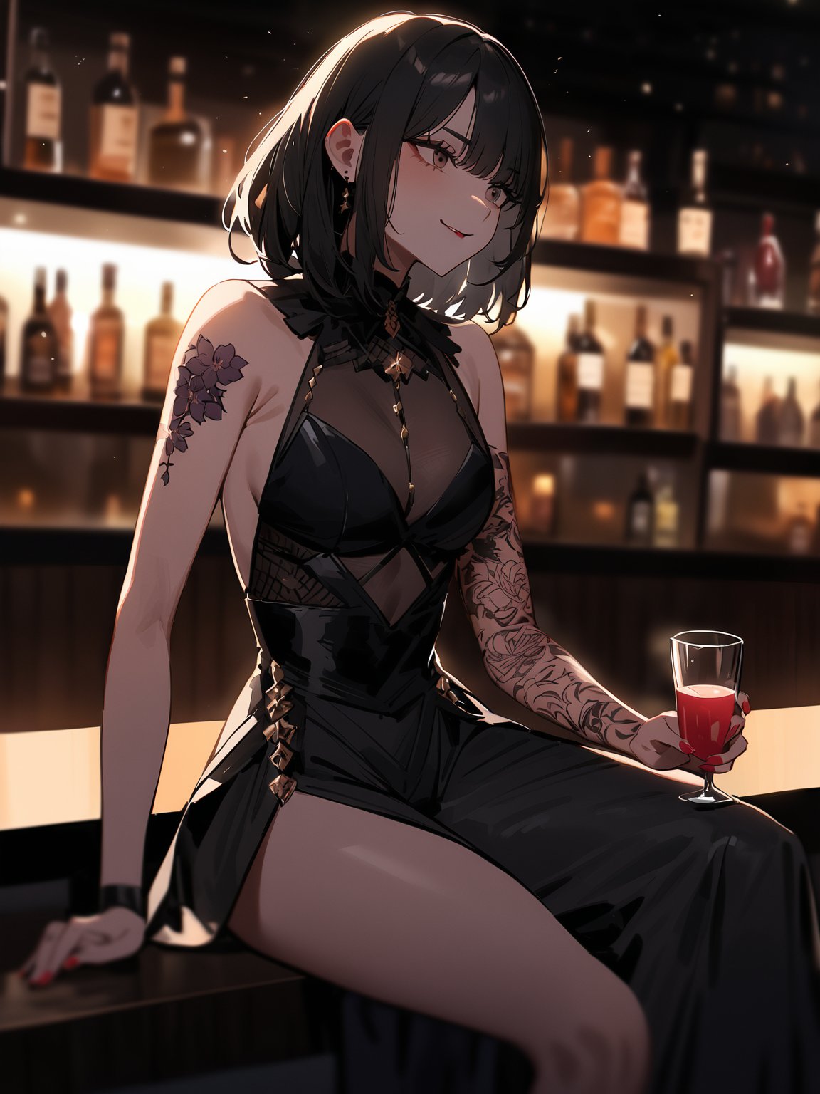 A woman with a cherry blossom tattoo on her arm,  sitting at a bar,  wearing a flashy by ted on Tensor.Art