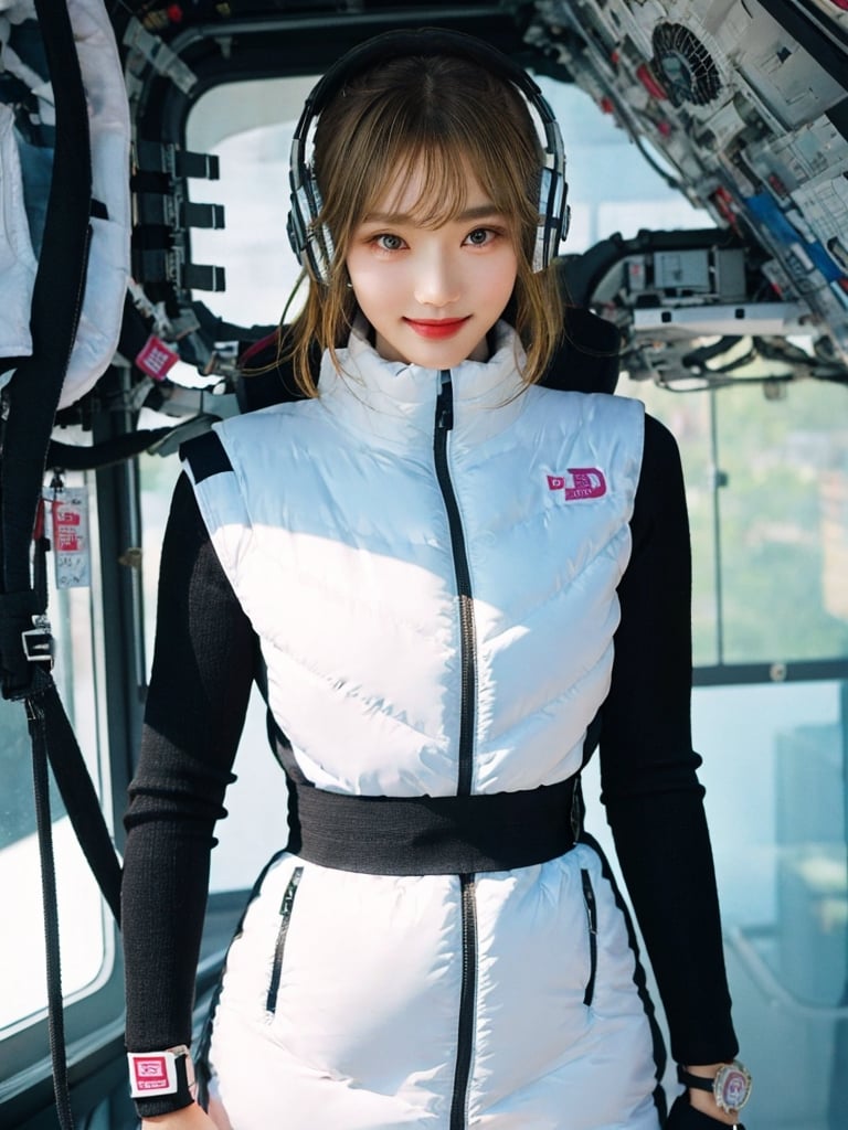 masterpiece:1.2, best quality, (highly detailed:1.3), (glamour:1.2), photo of a beautiful young woman with messy, on a luxurious spacecraft  interior, (hidden hands):3,BREAK wearing astrovest, (shiny white astrovest):2,BREAK blonde hair,long hair,wind, headphone, smile,happy,(blush, blemishes:0.6), (goosebumps:0.5), BREAK black belt,black sleeve,black tights, BREAK subsurface scattering , iridescent eyes, detailed skin texture, hourglass body shape, textured skin, realistic dull skin noise, visible skin detail, skin fuzz, dry skin, petite, photorealistic, remarkable color, (photorealistic, SFW:1.3), (upper_body from hips framing :1.3), dramatic lighting, golden_ratio, rule_of_thirds, Fujicolor_Pro_Film, BREAK futuristic bedroom,in spacestation,in spacecraft,BREAK astrovest,background,astrovest,tnf_jacket,Astrovest