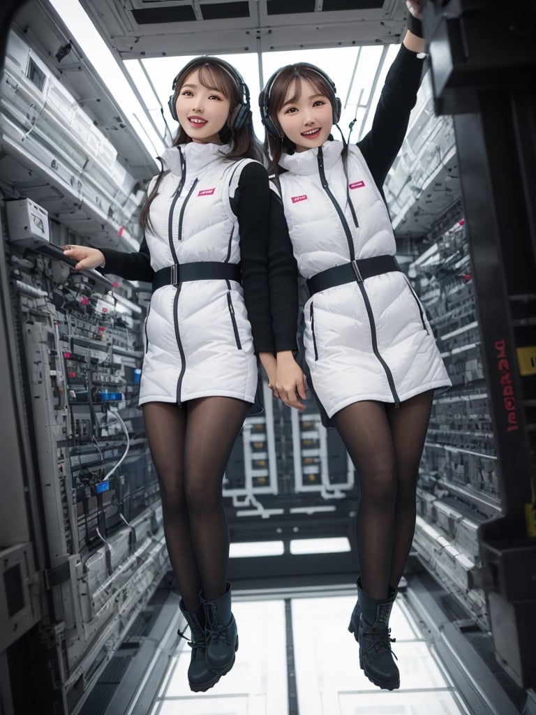 masterpiece, highest quality, High resolution, 2 girls,beautiful girls,(waist shot):2,(floating girl):8,(zero gravity):8, (Big jump):5,(flying):7, flight, fun, smile, shout, (fall):8,  dynamic angle,BREAK white downvest,headphone,headset,(white snow boots),Wind,Wind,Wind,BREAK,black belt,black stocking,black tights,black long sleeve BREAK inside futuristic space station,Scifi space ship control room BREAK Astrovest,tnf_jacket,bing_astronaut