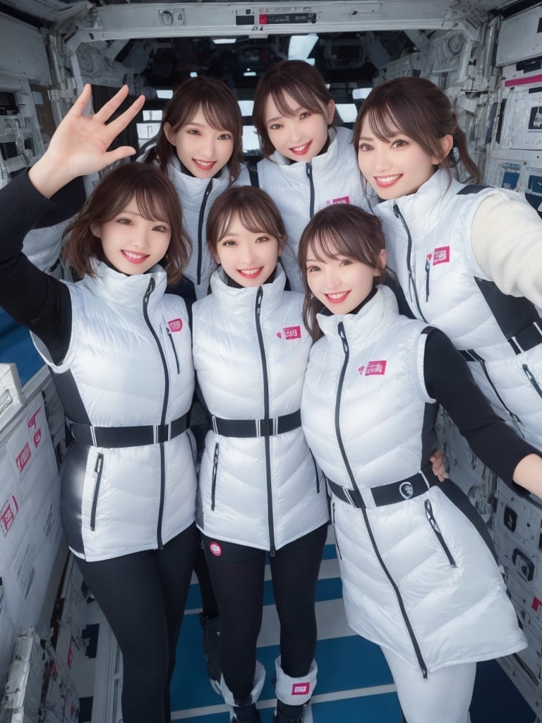 masterpiece, highest quality, High resolution,breasts, 30yo,multiple females, (shiny latex white vest):1000,6+ womens, in spacestation , friends, super happy smiling, open mouth, opened eyes, group shot, zoom camera,Astrovest,tnf_jacket,bing_astronaut,astrovest