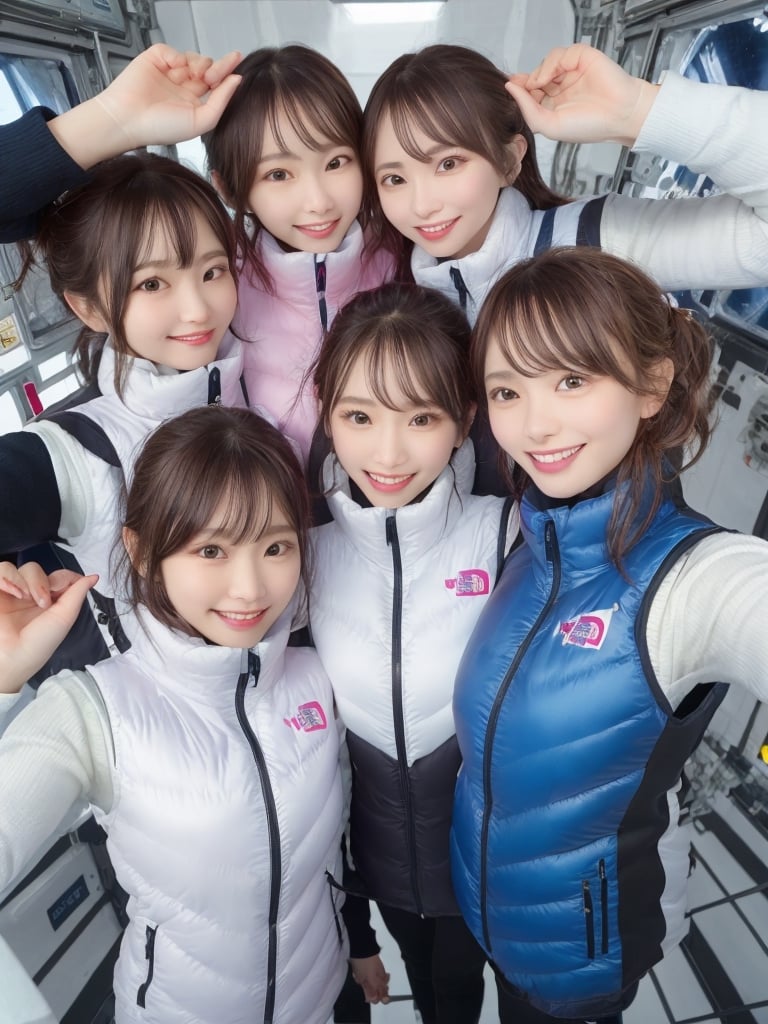 masterpiece, highest quality, High resolution,breasts, 30yo,multiple girls, (waterblue vest):100(pink vest):50,6+ girls, in spacestation , friends, super happy smiling, open mouth, opened eyes, group shot, zoom camera,Astrovest,tnf_jacket,bing_astronaut,astrovest