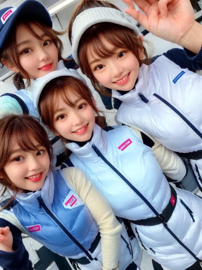 masterpiece, highest quality, High resolution,breasts, 30yo,multiple girls, (waterblue vest):100(navy vest):50,6+ girls, in spacestation , friends, super happy smiling, open mouth, opened eyes, group shot, zoom camera,Astrovest,tnf_jacket,bing_astronaut,astrovest