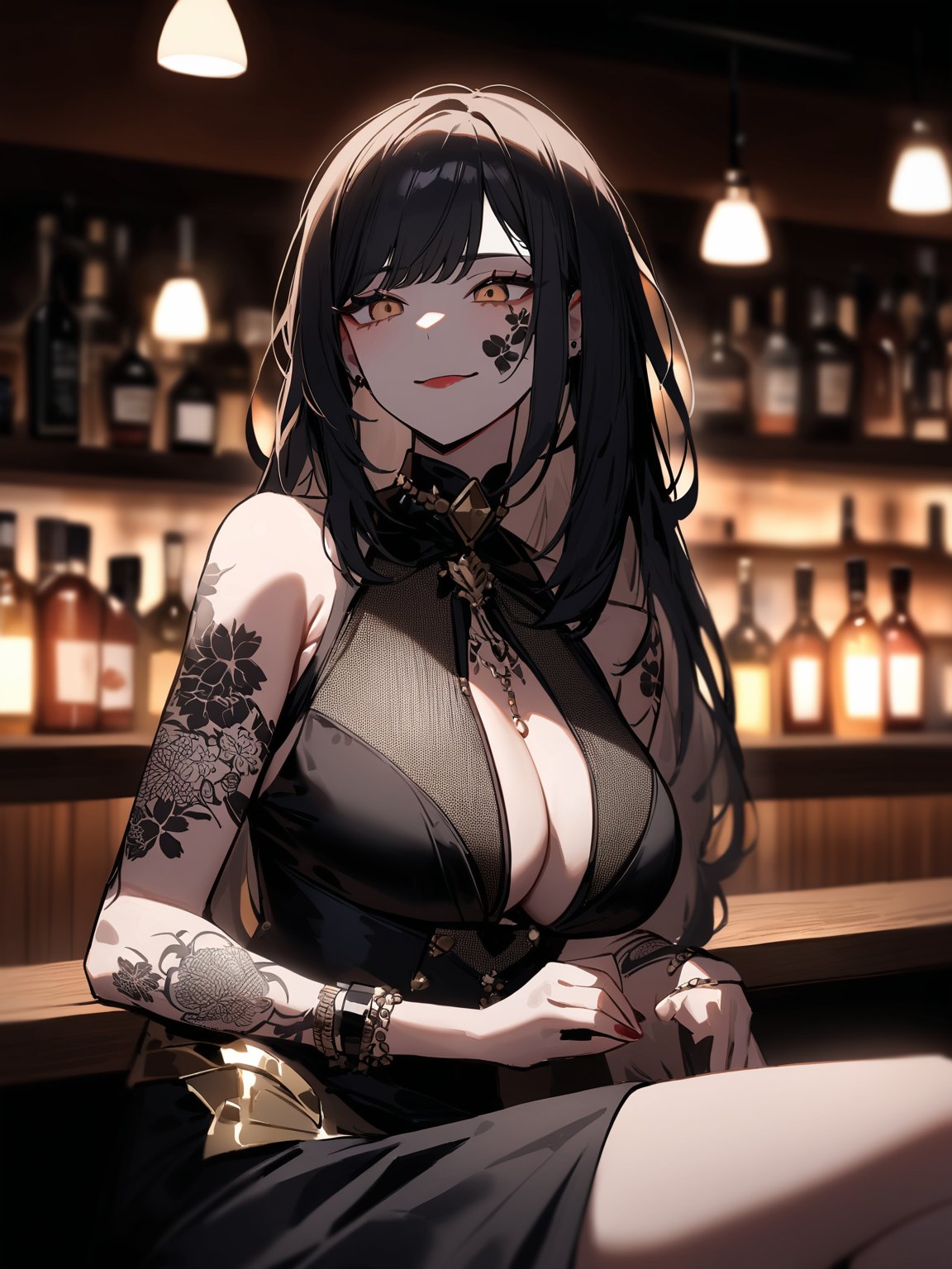 A woman with a cherry blossom tattoo on her arm,  sitting at a bar,  wearing a flashy by ted on Tensor.Art