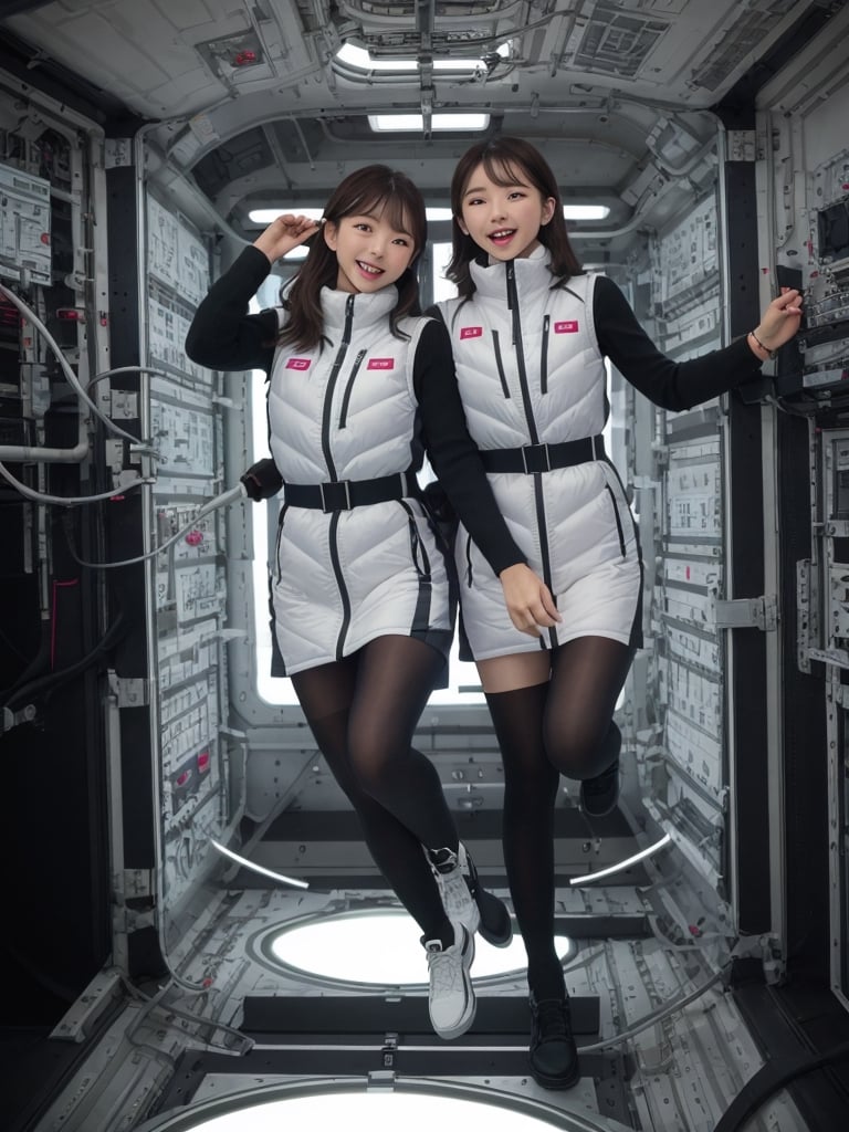 masterpiece, highest quality, High resolution, 2 girls,( Medium shot):2,(floating girl):8,(zero gravity):8, (Big jump):5,(flying):7, flight, fun, smile, shout, (fall):8,  dynamic angle,BREAK white downvest,Wind,Wind,Wind,BREAK,black belt,black stocking,black tights,black long sleeve BREAK inside futuristic space station,Scifi space ship control room BREAK Astrovest,tnf_jacket,bing_astronaut