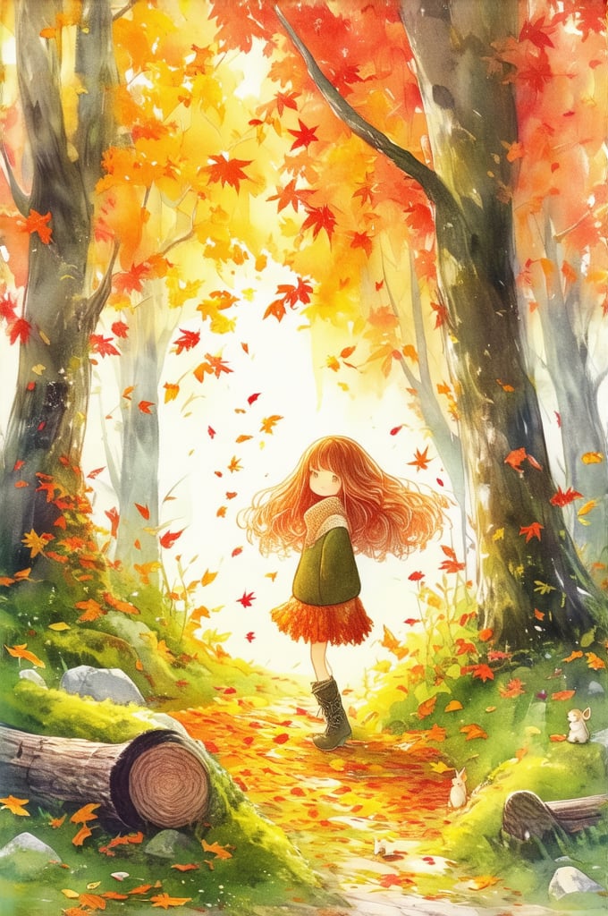 Rough sketch style,  anime style,  A young girl with long flowing hair explores a vibrant autumn forest. She wears an adve...