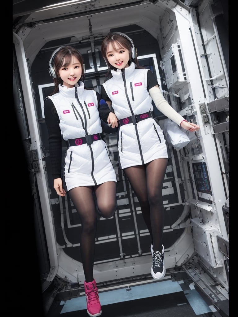 masterpiece, highest quality, High resolution, 2 girls,beautiful girls,(waist shot):2,(floating girl):8,(zero gravity):8, (Big jump):5,(flying):7, flight, fun, smile, shout, (fall):8,  dynamic angle,BREAK white downvest,headphone,headset,Wind,Wind,Wind,BREAK,black belt,black stocking,black tights,black long sleeve BREAK inside futuristic space station,Scifi space ship control room BREAK Astrovest,tnf_jacket,bing_astronaut