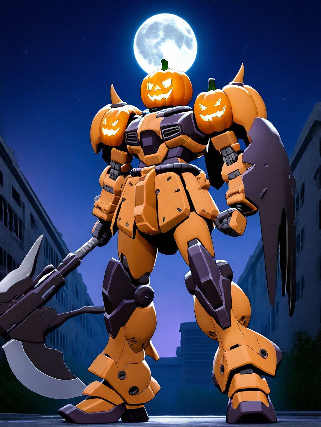 1 boy, zaku, gundam, general,
standing, (pumpkin armor on shoulder, pumpkin head armor:1.4), Jack-O lantern armor, holding an axe,
professional 3d model of (ZEON:0.8), mecha, (glowing one-eyed:1.0), full body, (mecha armor:1), mechanical parts, robot joints, (holding weapon:1), octane render, highly detailed, volumetric, dramatic lighting,
Halloween costume, clutching a pumpkin in its gnarled claws. with tattered fabric, sharp fangs, and glowing eyes that pierce through the darkness, its weathered facade and broken windows adding to the eerie atmosphere. The pumpkin held by the monster is intricately carved with a wicked grin, its candlelight casting eerie shadows on the surroundings,
night, in night town, abandoned building, full moon,
best quality, good quality, very aesthetic, absurdres, newest,