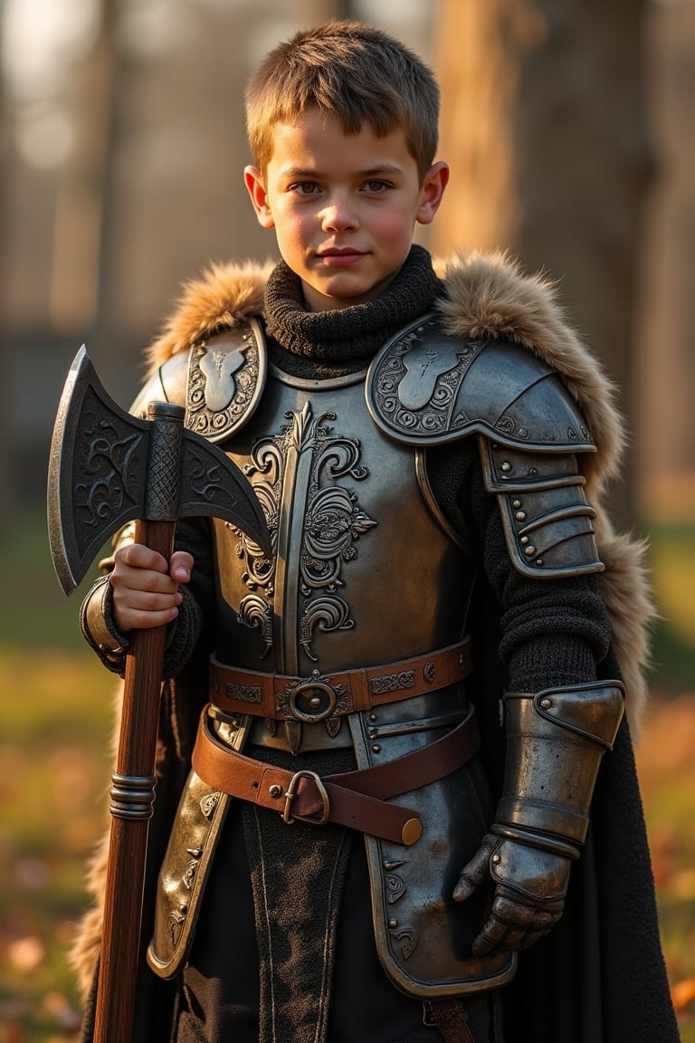 1BOY, 9 YEARS OLD, (((LITTLE BOY))), A Handsome BOY Viking warrior, sporting a strong jawline and piercing dark brown eyes, stands proudly in armor attire. BOY holds an axe, its intricate carvings glistening in the warm sunlight casting a heroic glow on his chiseled features. Full body view