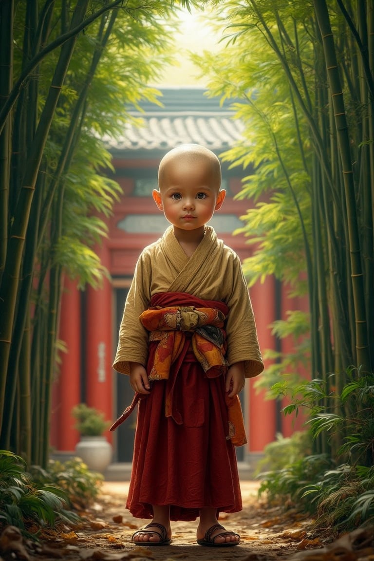 The background is a bamboo forest, revealing the red walls of the temple and the ancient temple gate. Full-body frontal portrait of a little monk with a bald head