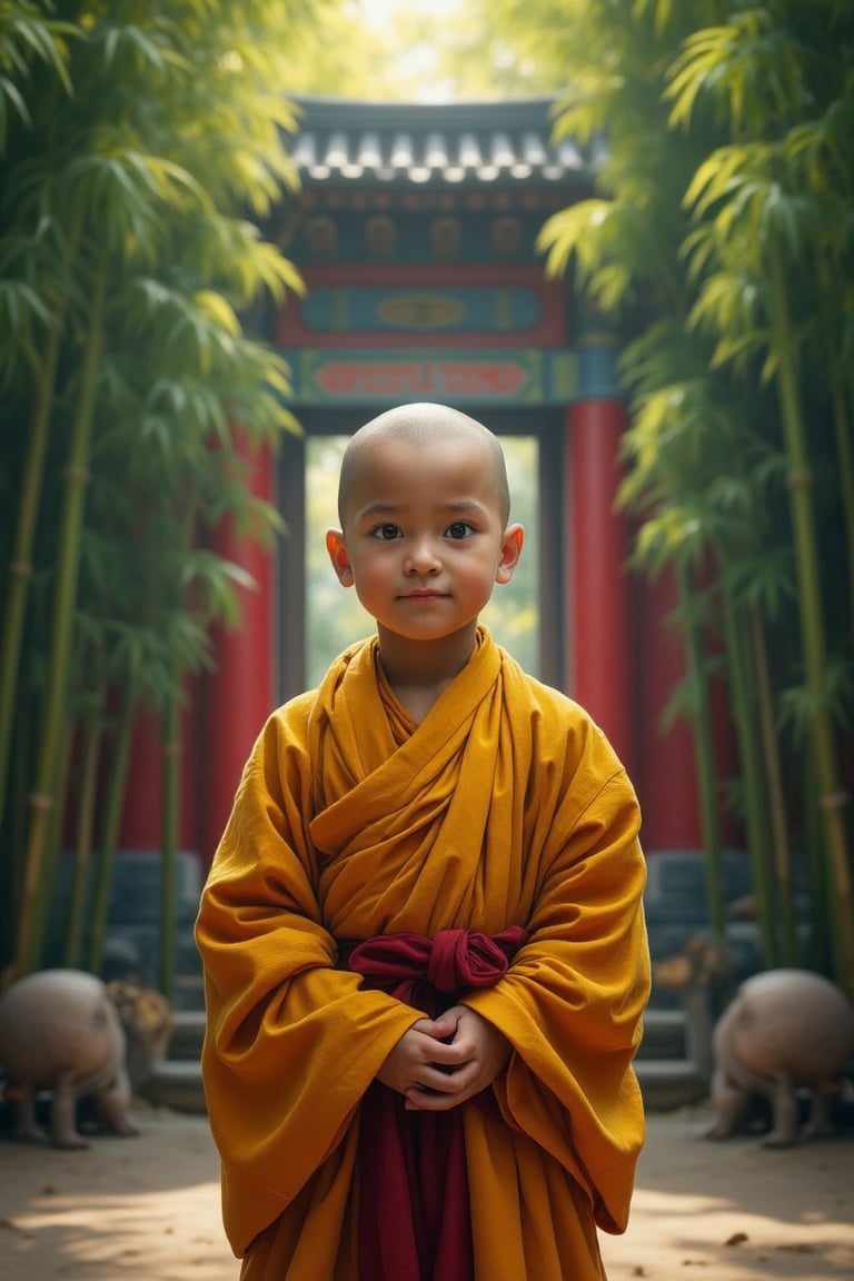 The background is a bamboo forest, revealing the red walls of the temple and the ancient temple gate. Full-body frontal portrait of a little monk with a bald head