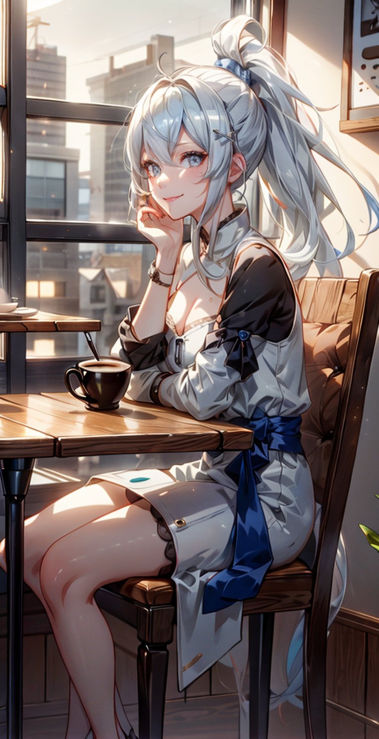 A cute girl sitting in korean cafe with white minimalist interior, hot coffee with latte art, platinum hair, ponytail hair, white_blouse, hands on table, pretty grey eyes, bright smile, hair_pin , hot coffee on a table, latte art, coffee photography, rule of thirds, cozy, morning, interior shot, beautiful interior, near window, blue sky, looking_at_viewer,nar_terumi_mei