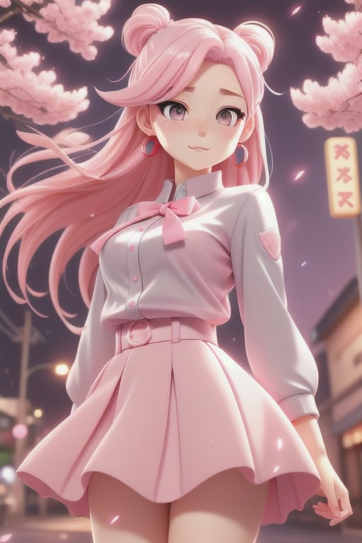 grey eyes, pink hair, illuminated street, hight quality, unity 8k wallpaper, ultra detailed, shade, bright, cute girl, skirt, manga,behisheroine, sakura