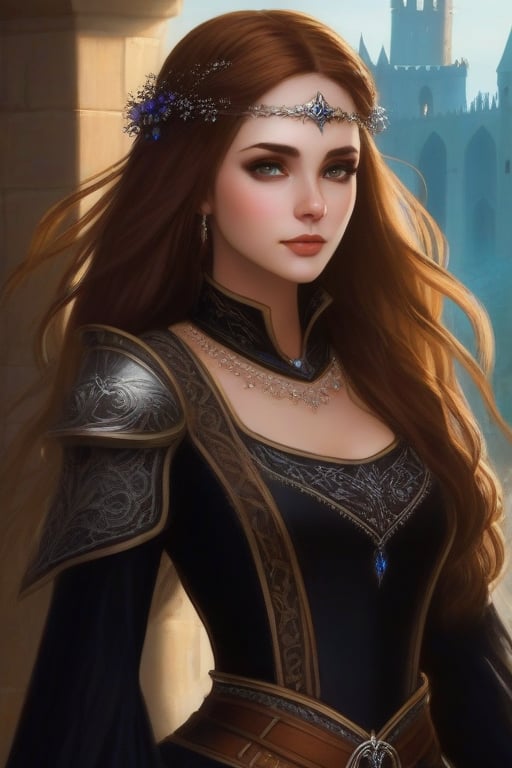 grey eyes, brown hair, illuminated, hight quality, ultra detailed, shade, bright, gothic dress, medieval, fantasy world