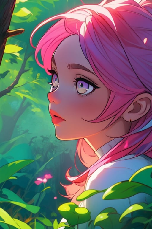 Mushroom Girl, grey eyes, pink hair, forest, best lightning, shaders, ray of sunshine, detailed, jewel eyes, hight quality