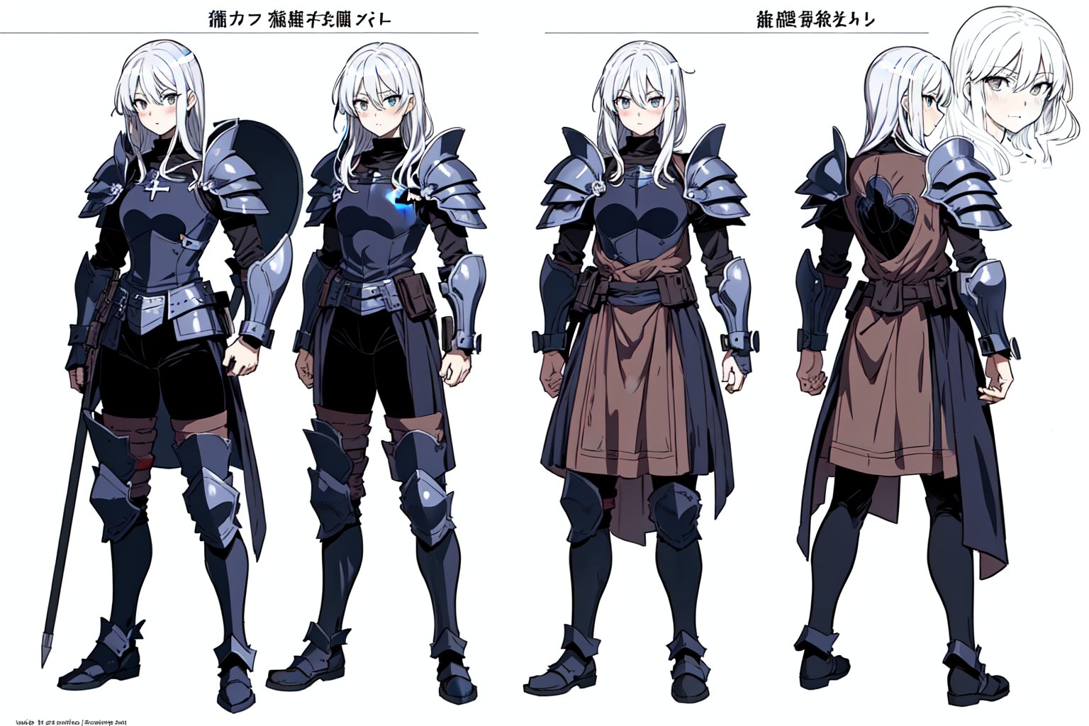 (best quality, masterpiece)  1page manga,sole_female, 1-page manga, knight, armor, priest, correct anatomy, character sheet, front, profile, back) full body, asymmetrical, shoulder guard