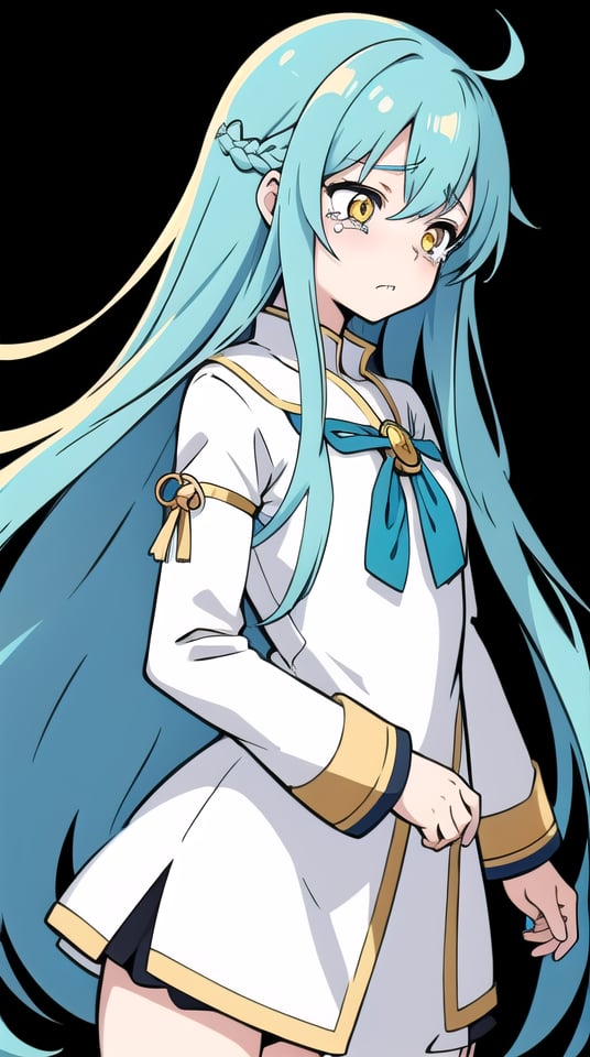 anime girl, flat colors, no shading, line art, simple, simplified colors, inks only, 
priestess, warrior, aqua, upper body, long_hair, gold_eyes ,inboxDollPlaySetQuiron style, sad, crying