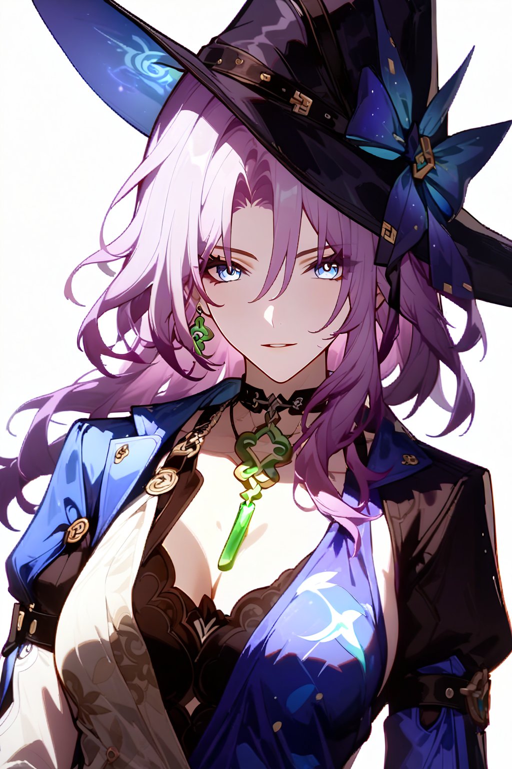 masterpiece, best quality, single girl, character jade from honkai star rail, general rating, newest, 8k wallpaper, high resolution, hyper detailed, perfect anatomy, perfect body, mature woman, with purple hair and blue eyes, cleavage, wearing a necklace, dressed as a witch with a witch hat, gloves, long sleeves, and a two-tone dress
