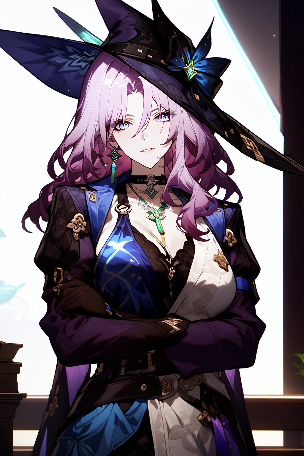 masterpiece, best quality, 1girl, jade honkai star rail, rating: general, newest, 8k wallpaper, high resolution, hyper detailed, perfect anatomy, perfect body, mature woman, purple hair, blue eyes, cleavage, necklace, witch, witch hat, glove, long sleeves, two-tone dress
