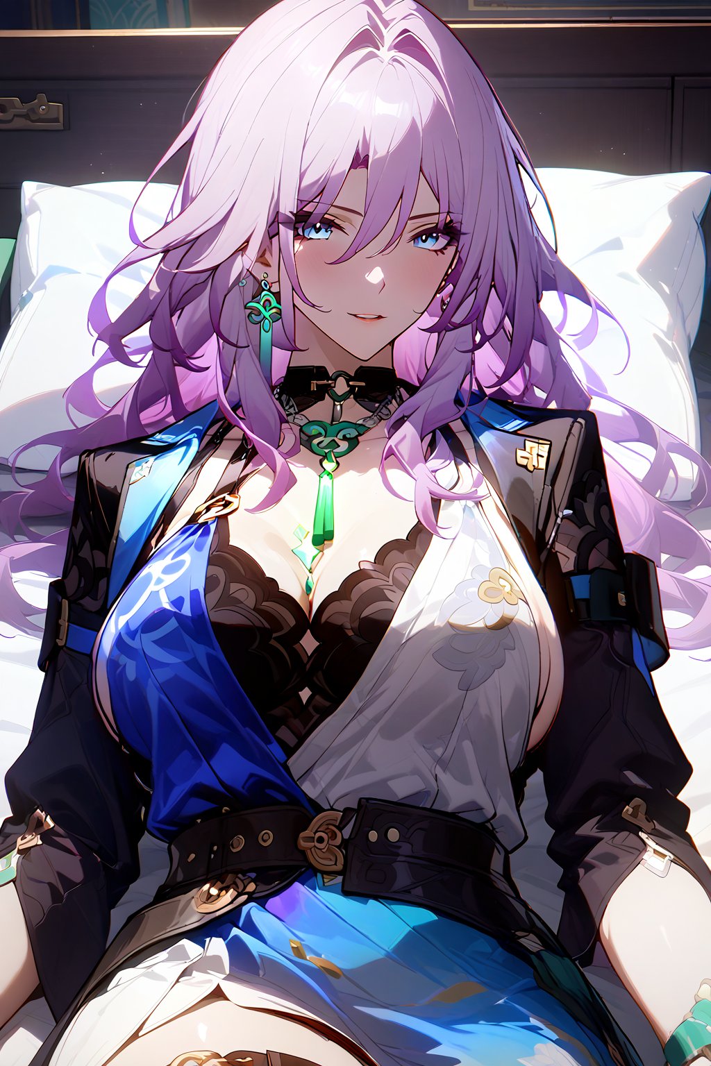 masterpiece, best quality, 1girl, jade, 
 honkai star rail, rating: general , newest, (8k_wallpaper),high resolution, hyper detailed, perfect anatomy, (mature woman:1.4), perfect body, jade from honkai star rail, long hair, sexy attire, cleavage, necklace, purple hair, blue eyes, black long sleeves, gloves, lying on bed, on back, pillow, bedsheet,indoors, room, thighs, mature female, milf, two-tone dress, blue and white dress, (vibrant colour:1.4) ,large breasts, (bright , colourful :1.4),
