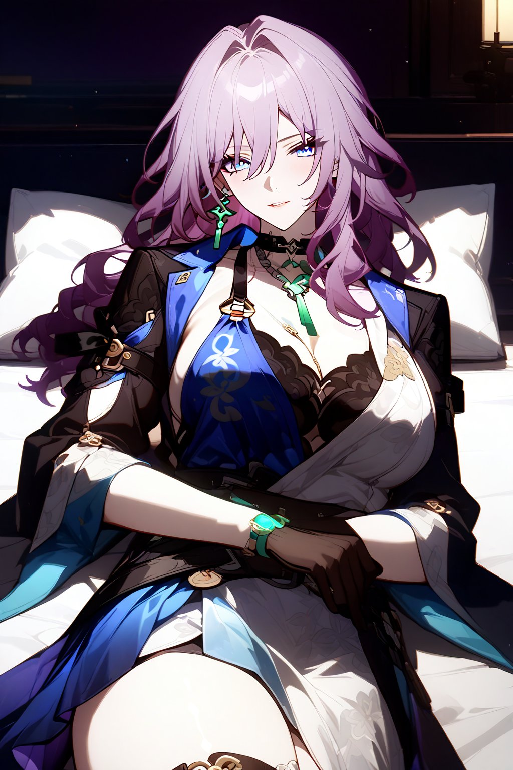 masterpiece, best quality, 1girl, jade, 
 honkai star rail, rating: general , newest, (8k_wallpaper),high resolution, hyper detailed, perfect anatomy, (mature woman:1.4), perfect body, jade from honkai star rail, long hair, sexy attire, cleavage, necklace, purple hair, blue eyes, black long sleeves, gloves, lying on bed, on back, pillow, bedsheet,indoors, room, thighs, mature female, milf, two-tone dress, blue and white dress, (vibrant colour:1.4) ,large breasts,
