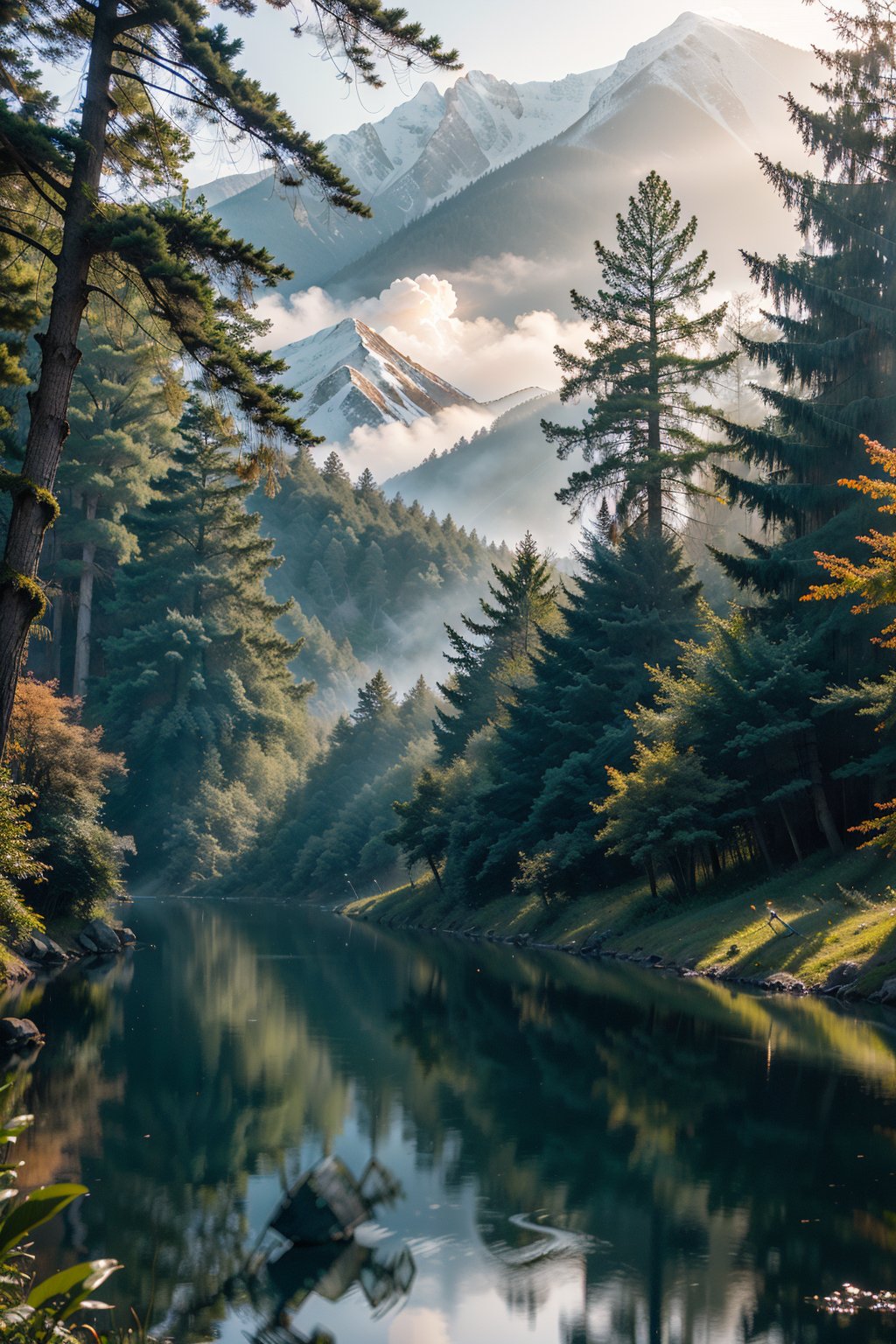 (Light magic:1.2), (Grim:1.1) forest, springtime,alps, (Intricate details), A mirror-like lake,(ultra - detailed), 8k hdr, high detal, A lot of detail, High quality,Tyndall effect, (Colored:1.3)