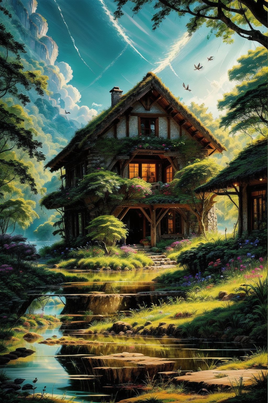 In this serene anime-inspired scene, the rustic stone country house nestles beside a tranquil river, its gentle flow mirroring the quiet charm of the surrounding landscape. The water's surface shimmers with vibrant reflections of lush greenery and an array of colorful flowers, creating a whimsical touch to the idyllic setting.