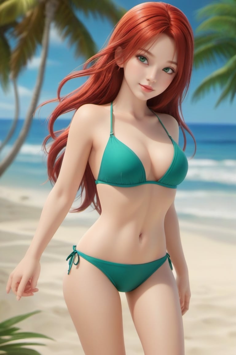 1girl, blue bikini, beach background, red hair, long hair, lips, solo, green eyes, full body, full_body, high_resolution, high_res 
