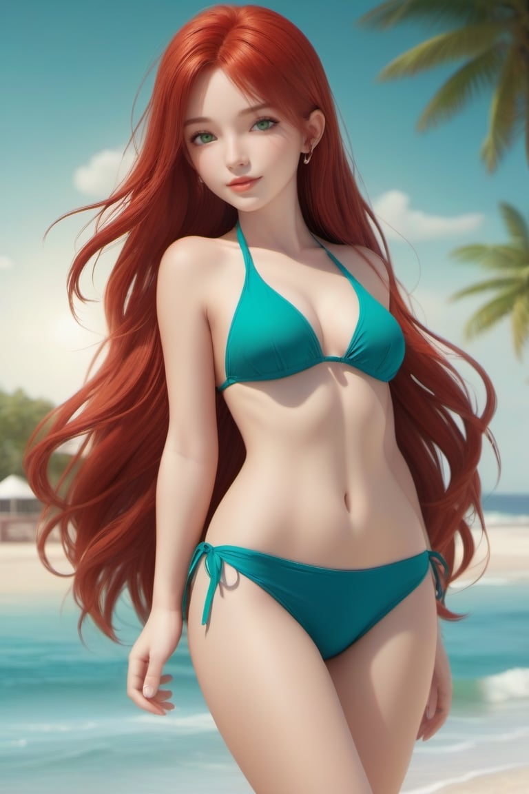 1girl, blue bikini, beach background, red hair, long hair, lips, solo, green eyes, full body, full_body, high_resolution, high_res 
