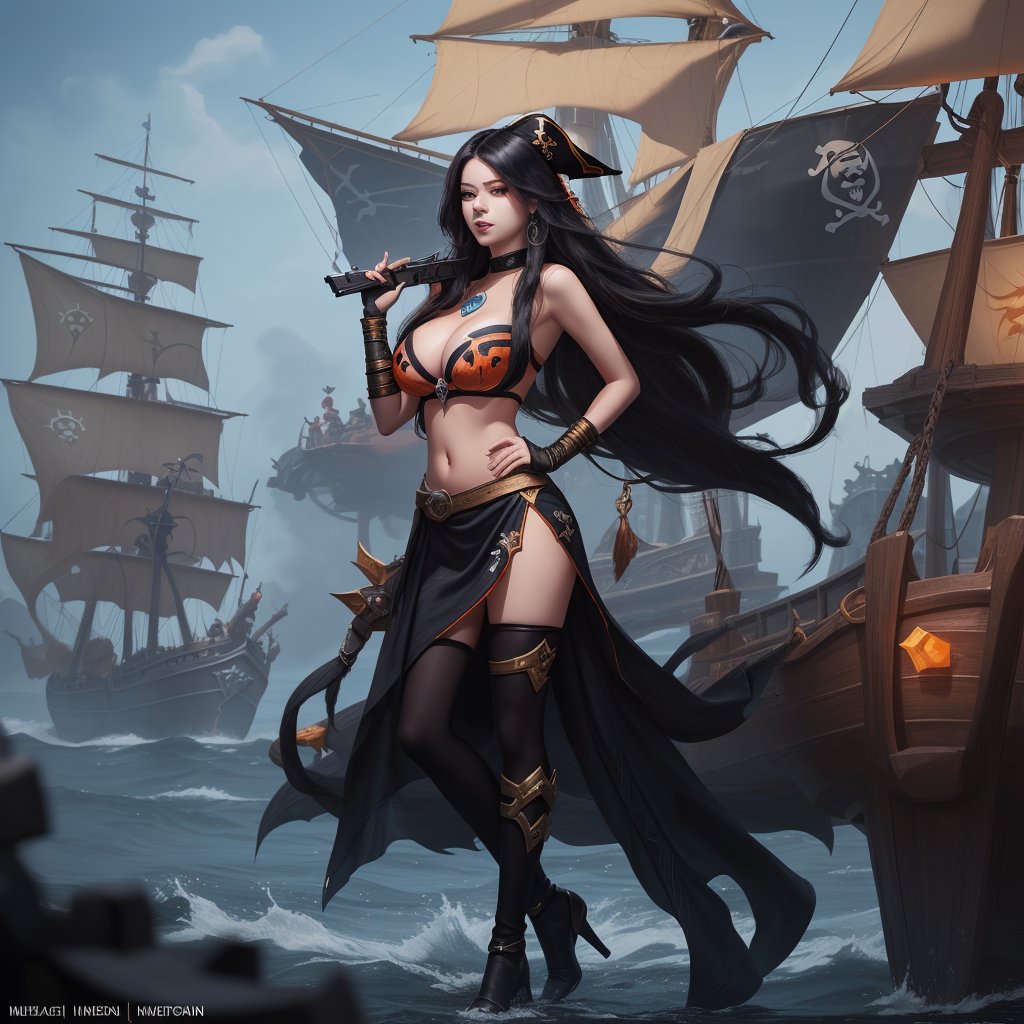 High Quality, League of legends, Miss Fortune, indian woman, black-hair, red_eye, holding_guns, Full Body, Medium Shot, Pirate ship Background, Age 35, big_boobs, Clothing_Black and Orange