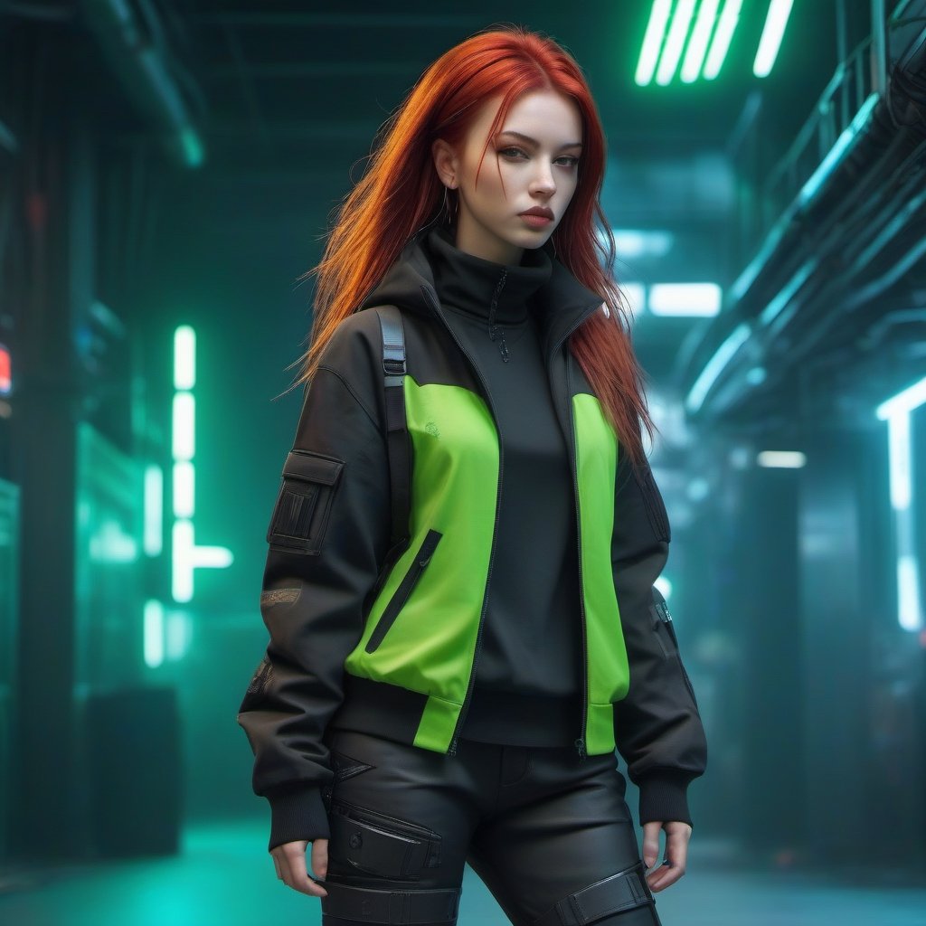 1girl, wearing a cyberpunk techwear streetwear look and clothes, beautiful bright colors, , futuristic, cyberpunk setting, luxury, elite, cinematic, techwear fashion, red hair, long hair, lips, solo, green eyes, full body, full_body, high_resolution, high_res 
