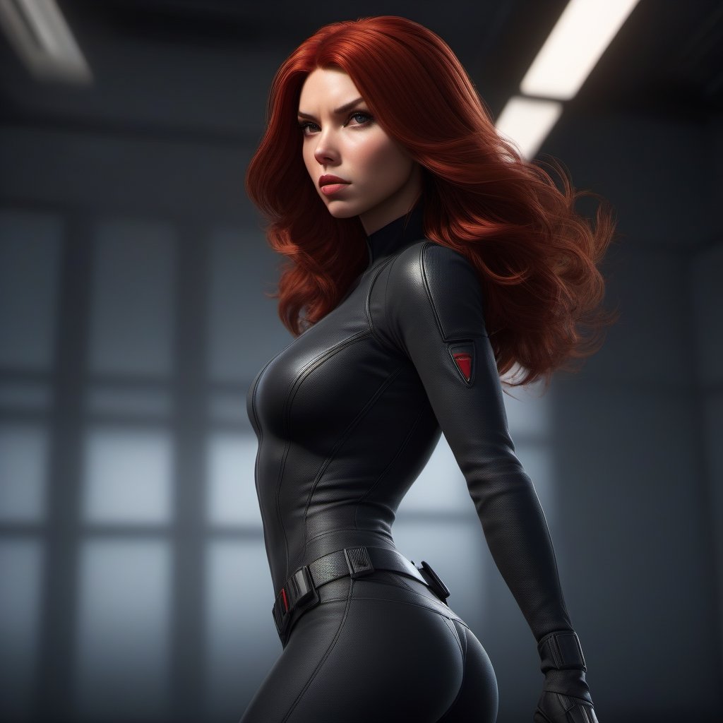 1girl, Black Widow, slim body, red hair, longhair,  lips,  solo,  black eyes,  upper body,  slim body, Realistic, high resolution, masterpiece, cinematic lighting, detailed shadow, ultra high detailed, studio lighting