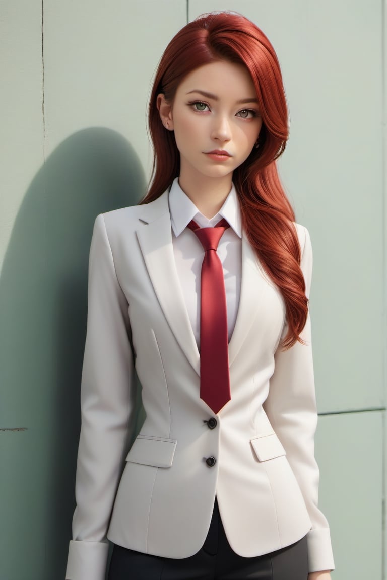 1girl, wearing a suit and tie, standing in front of a wall. posing for the camera, outfit includes a white shirt and a red tie, office background, red hair, long ponytail hair, lips, solo, green eyes, full body, full_body, high_resolution, high_res 
