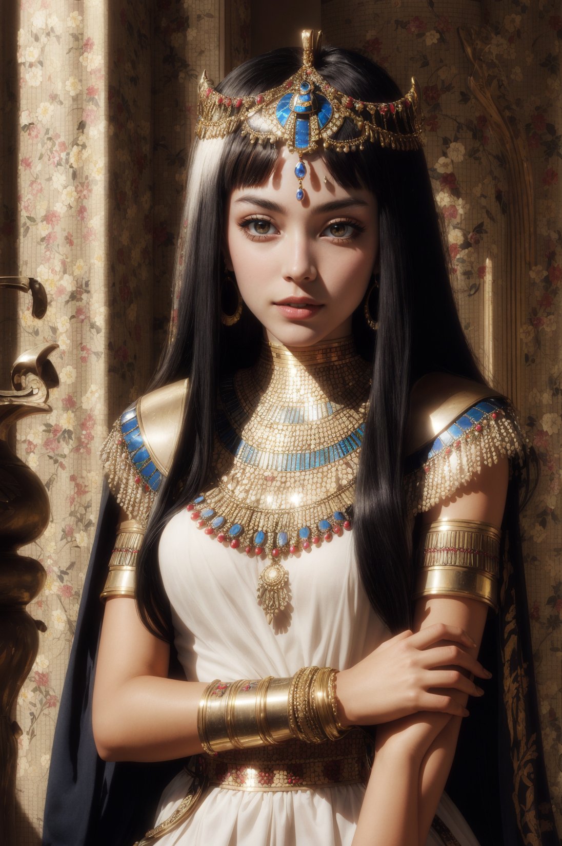 An Egyptian princess Cleopatra, white kalasiris, short-hair, Egyptian style, high_resolution, Egyptian style interior background, royalty