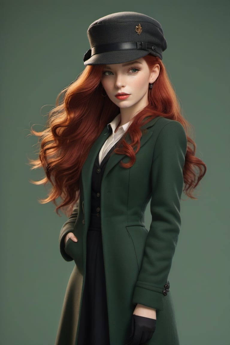 1girl, Dressed in finest peakyblinders attire, simple background, red hair, long hair, lips, solo, green eyes, full body, full_body, high_resolution, high_res 
